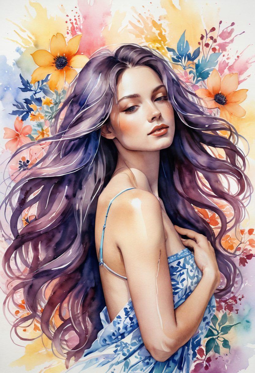 A woman embracing her body, radiating confidence and sensuality, with flowing hair and soft, vivid pastel colors. In the background, delicate floral patterns symbolize femininity and liberation. The atmosphere should convey empowerment and self-acceptance, showcasing a transition from societal expectations to personal freedom. watercolor painting. soft focus. vibrant colors.