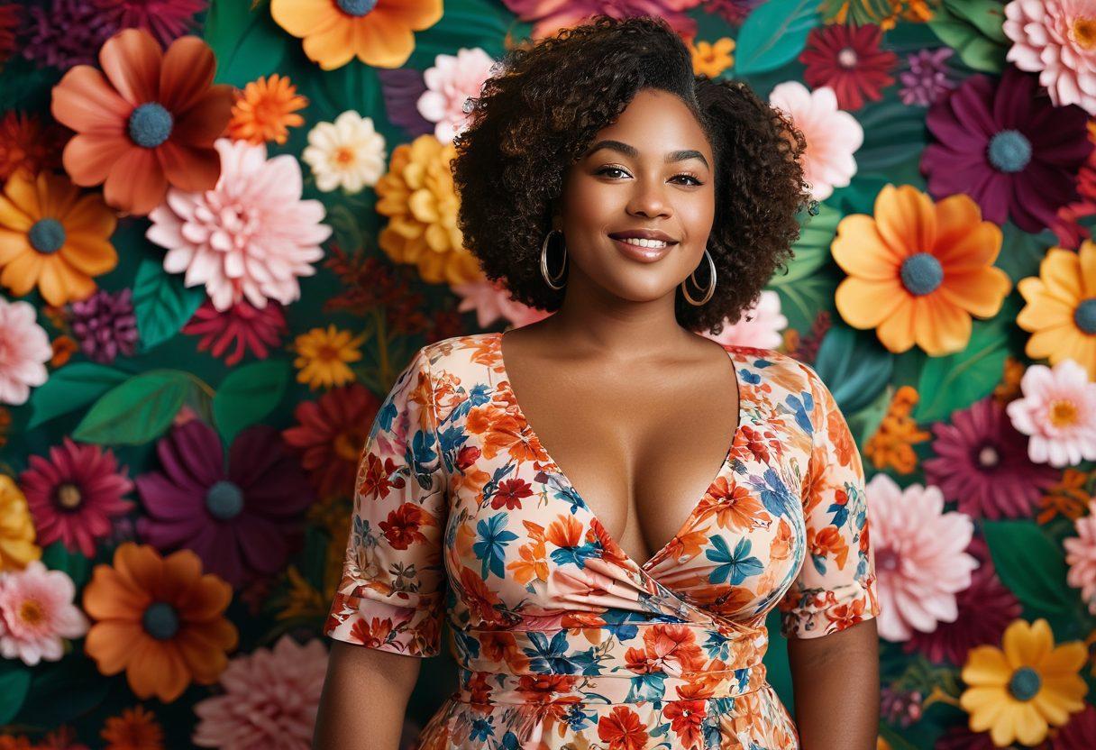 A confident woman standing proudly with curves, surrounded by a vibrant floral background symbolizing feminine beauty and empowerment. She exudes self-love and body positivity, with an expression of joy and tranquility. Soft, warm lighting enhances her features, and a variety of skin tones are represented. The scene captures the essence of embracing one's unique shape and beauty in a celebratory atmosphere. super-realistic. vibrant colors. natural setting.