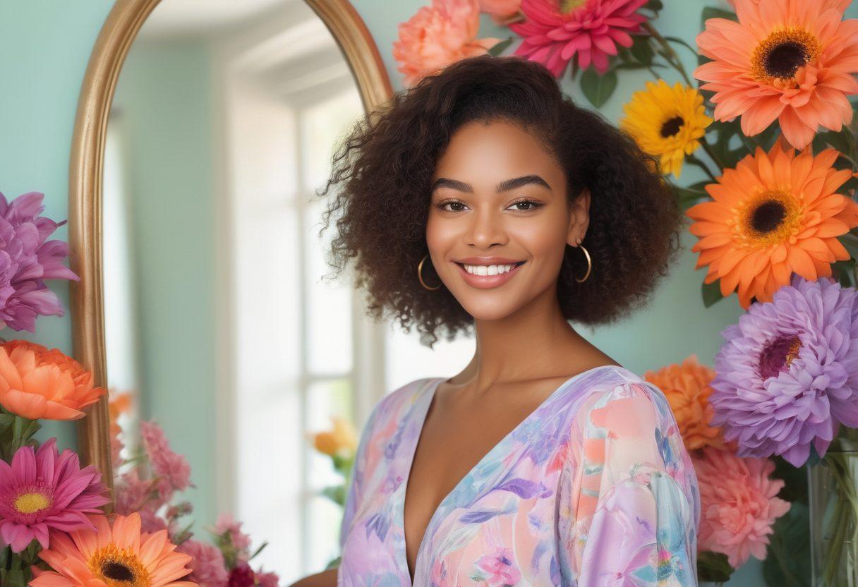 A powerful woman standing confidently in front of a mirror, surrounded by vibrant flowers symbolizing growth and self-love. Her reflection shows her embracing her unique features, with a radiant smile and an aura of empowerment. Soft pastel colors dominate the background, creating a serene yet uplifting atmosphere. The artwork should evoke feelings of strength and self-acceptance. vibrant colors. digital painting.